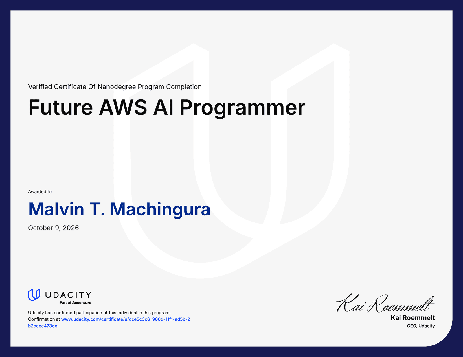 Future AWS AI Programmer Nanodegree certificate preview